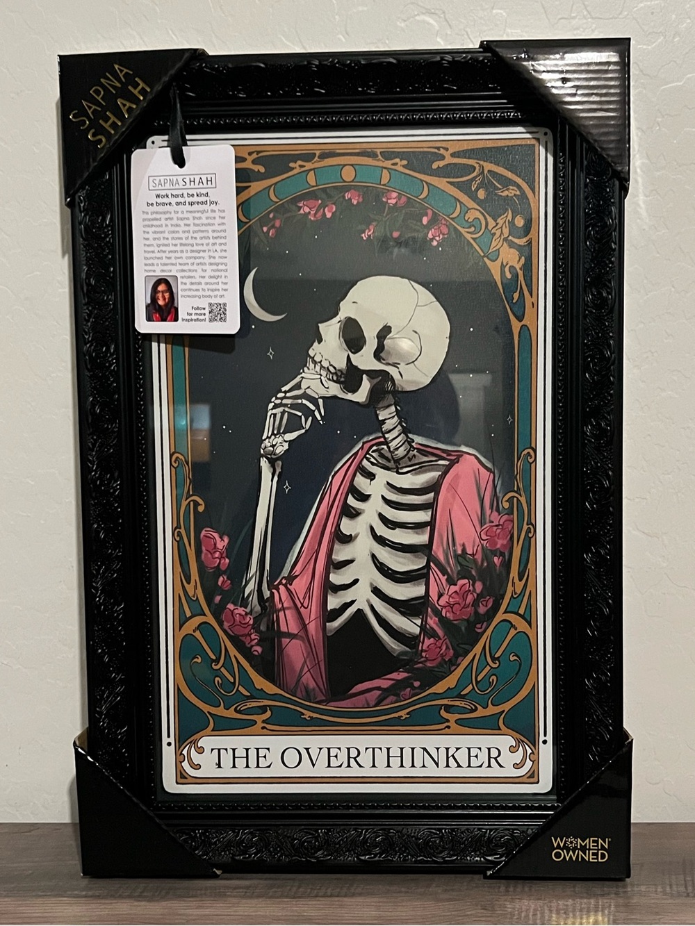 NWT Sapna Shah 'The Overthinker' Skeleton Framed Halloween Gothic Wall Art